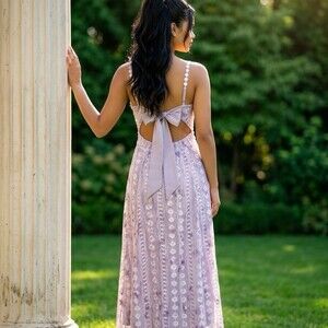 Just Me Dress Womens Size S Purple Floral Lace Midi Open Back Bow Tie